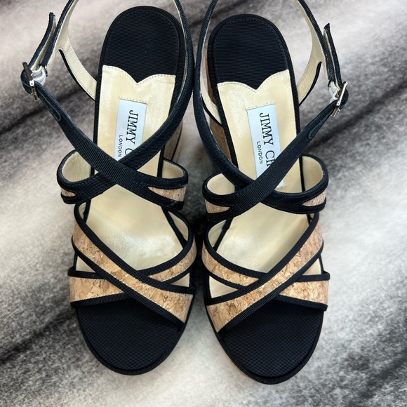 Jimmy Choo Alissa 120 Natural Black Cork Grossgrain Wedges - Picture 3 of 10
